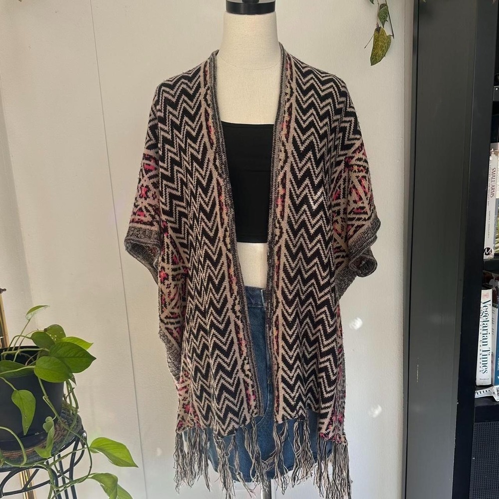 Vintage TAXI Women Boho Chevron Striped Open Front Cardigan Fringe Pink Black M